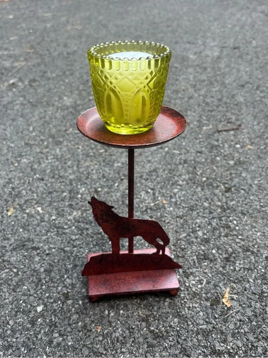 Green Pressed Glass Votive Holder on Rustic Wolf Stand