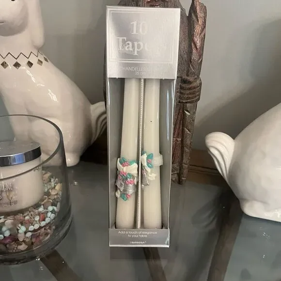 Wedding Bells Vintage 10” Cream Taper Candles with Floral Details.