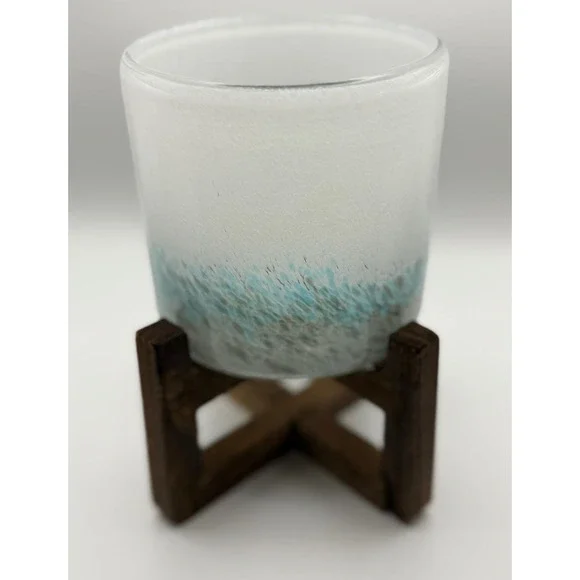 Frosted Ombre Glass Vessel with Wooden X-Base Stand White Blue Coastal Decor