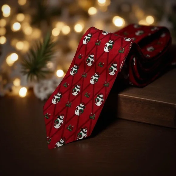 Hallmark Holiday Traditions Red Snowman‎ Silk Tie L 57.5