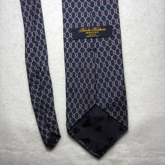 Brooks‎ Brothers Makers Mens Silk Tie Navy Red Geometric Chain Link Made in USA