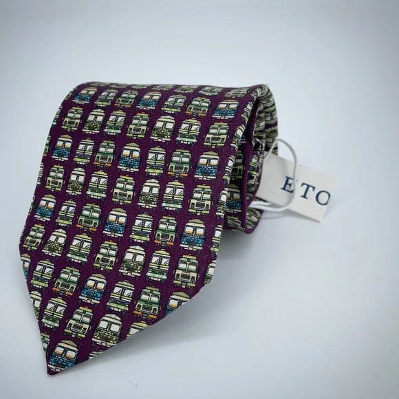 Eton‎ Tie Men One Size Multi Trucks Print Silk Classic Fit Necktie Italy Made