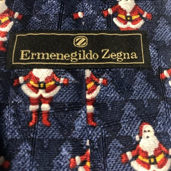 Ermenegildo Zegna Holiday Blue Silk Neck Tie Santa Claus Christmas Trees Luxury