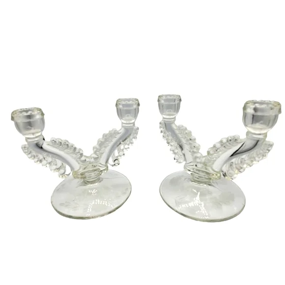 Vintage‎ Glass Candlestick Holders Set of 2 Floral Cut Candelabra
