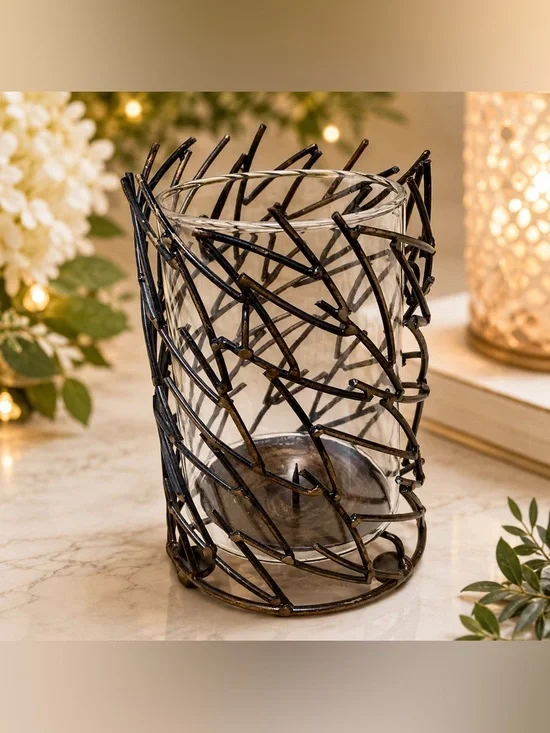 🔍 Rustic Metal & Glass Hurricane Candle Holder Modern Farmhouse