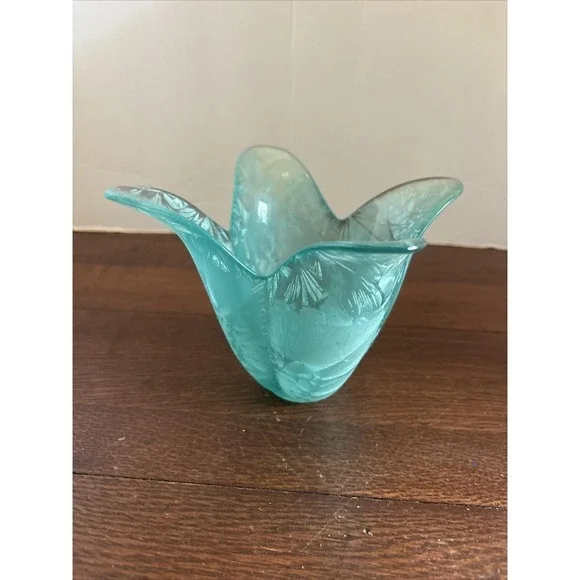 Vintage Art Glass Turquoise Etched/Frosted Tulip‎ Candle Holder
