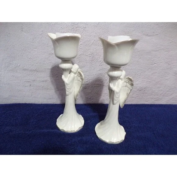 Elegant‎ Ivory and Gold Glossy Christmas  Mikasa Angel Tealight Holder Set of 2