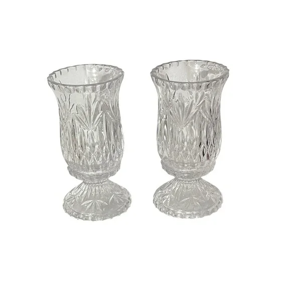 Vintage Hurricane Candle Holder Set  Clear Glass‎ Starburst Pressed Pattern