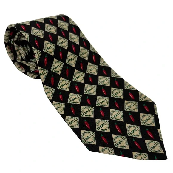 Tabasco Mens Silk Tie Black Red Chili Pepper Logo Hot‎ Sauce Novelty Made in USA