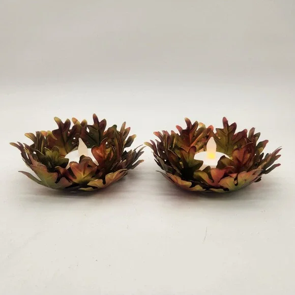 Fall Leaf‎ 3D Tealight Candle Holders Set of 2 Autumn Colors Delicate Decor