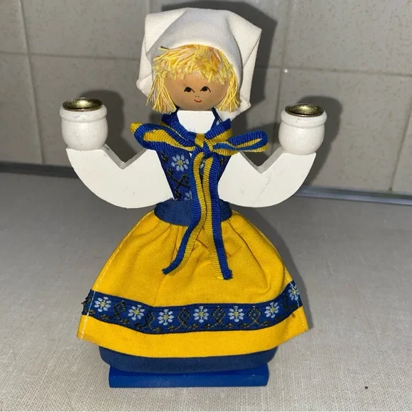 Butticki Vintage Lucia Swedish girl candlestick‎ holder wooden Sweden