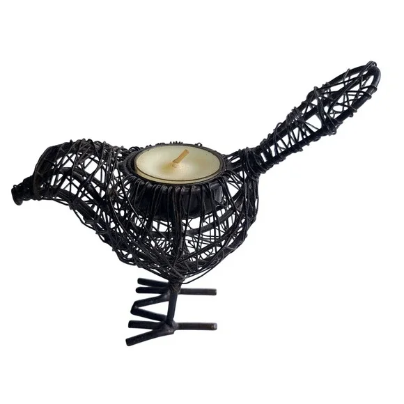 Artisanal‎ Rustic Wire Wrapped Bird Tea Light Candle Holder Dark Metal Figurine