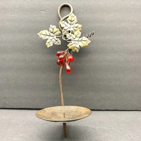 Vintage 80s Grape Vine Wall Candle Sconce Metal Toleware Tuscan Farmhouse Rustic