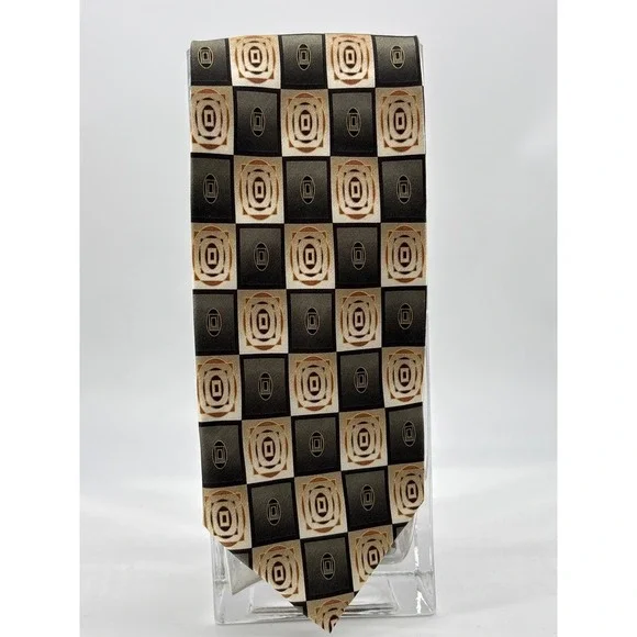Mosaic Mens Silk Tie Grey Black Gold Geometric Checkerboard‎ Hand Made 58x4 Wide