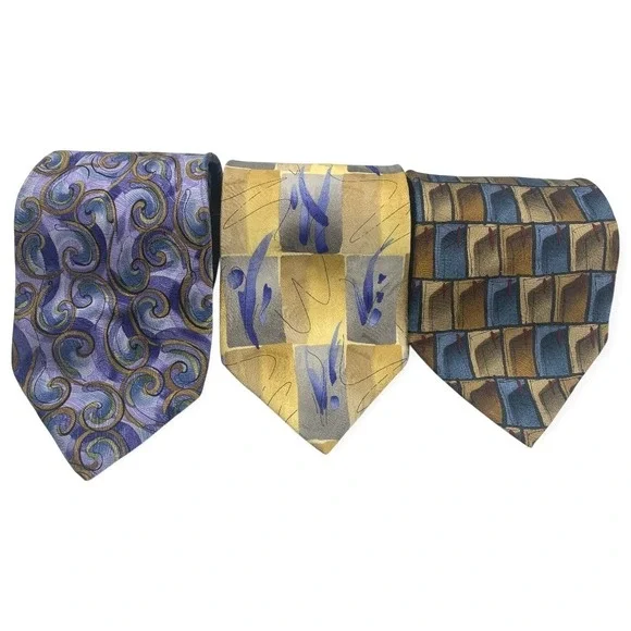 J. Garcia 100% Silk Ties Lot‎ 3 Abstract Pattern Blue Yellow Brown