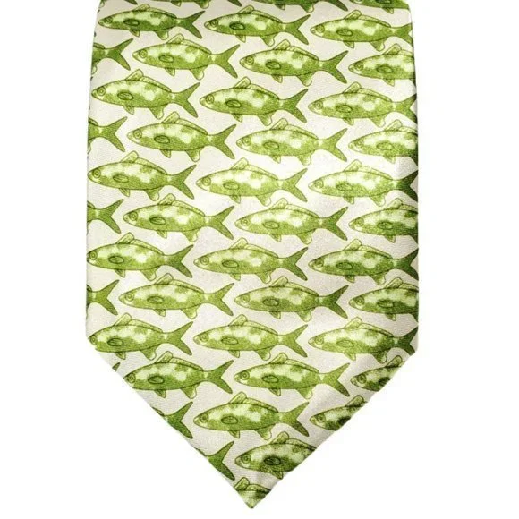 Fish Pattern Tie Necktie Green Ivory‎ Fishing Hunting Sports