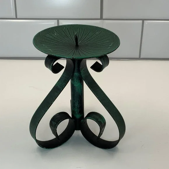 Vintage‎ Green Verdigris Wrought Iron Pillar Candle Holder Scroll Base Hong Kong