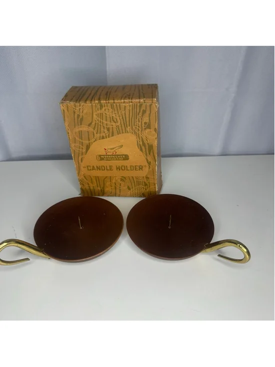 New Vintage Mid-Century Woodpecker Woodware Candle Holders Pair w Original Box