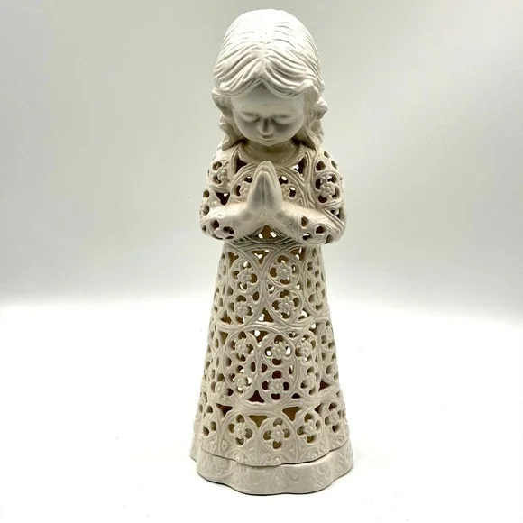 Vintage reticulated Porcelain Praying Angel Candle Holder 15.5 Inch white w base
