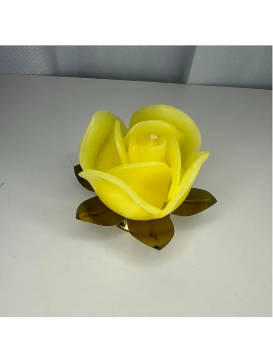 Vintage Yellow Rose Flower Candle with Gold Holder Base