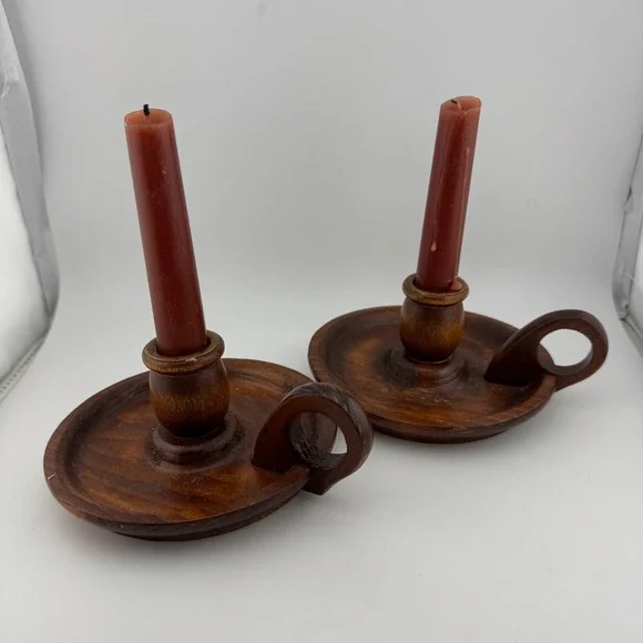 Vintage Wood Candle Holder Set Brown Rustic Chamberstick Finger Loop