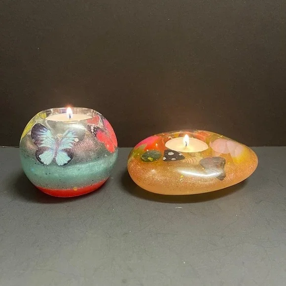 Two Handcrafted Tea Light Candle Holders‎ Butterflies Flowers Shells