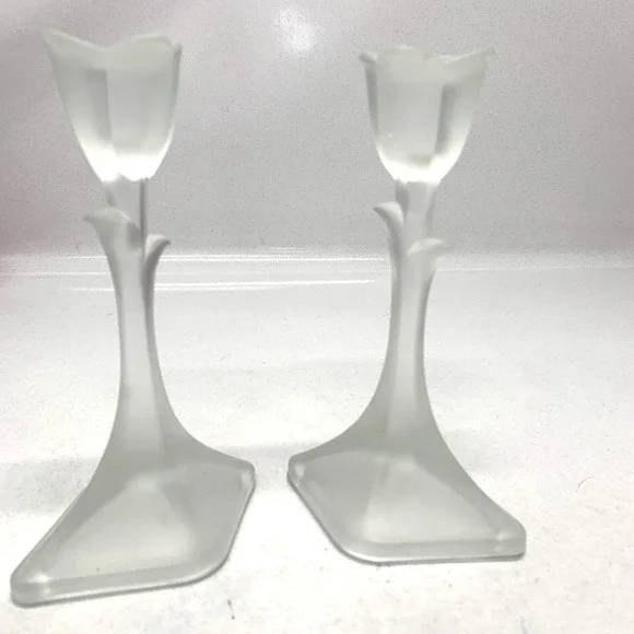 Vintage Tulip‎ Frosted Candlesticks Pair Set 8