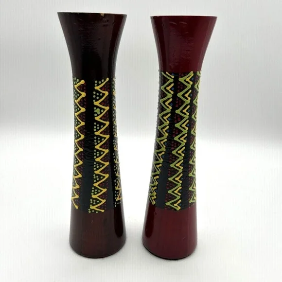 Hand Painted Wooden Candlestick Holders‎ OS Red Brown Tribal Pattern Set