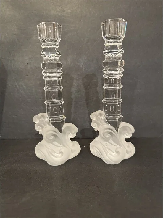 New Lenox Full Lead Crystal Lighthouse Candlesticks Frosted Waves 9-3/8” Germany