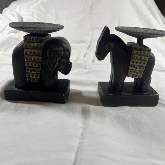 Vintage Carved‎ Wood Horse & Elephant Candle Holders Set Brass Accents Folk Art
