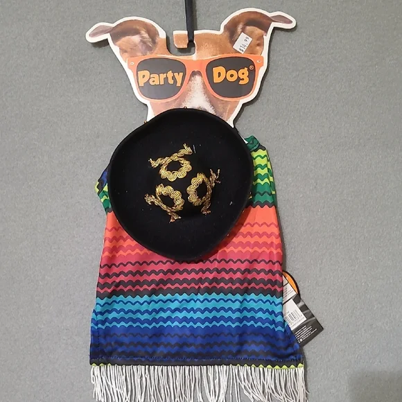 PARTY DOG -‎ Colorful Dog Hat & Poncho with Fringe  Costume - Size XS/S - NEW