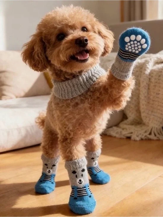 💞 New Size Small Blue & Gray Puppy Dog Non-Skid Grippy Socks
