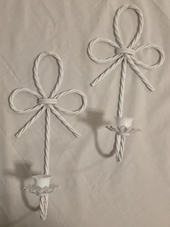 Set Of 2 Vintage Homco White Twisted Metal Rope Bow Sconces 12