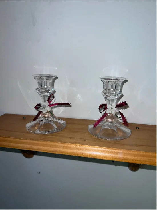 VTG Clear Glass Candlestick Holders with Red Ribbons One Size