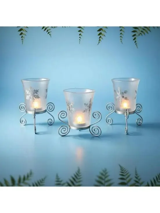 PartyLite Snowy Nights Votive Holders – Frosted Glass Snowflake Decor, Set of 3