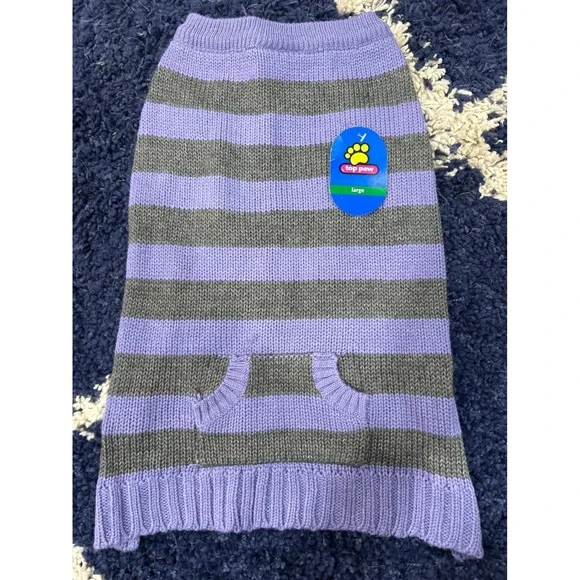 Top Paw Dog Sweater Large Purple Gray Striped Knit Pet Clothes with Pocket NEW