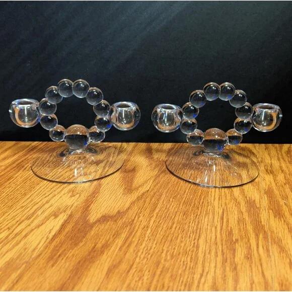 (2) Vintage Clear Glass Bubble Hoop Candlestick Holder/ Pipe Stand Pair