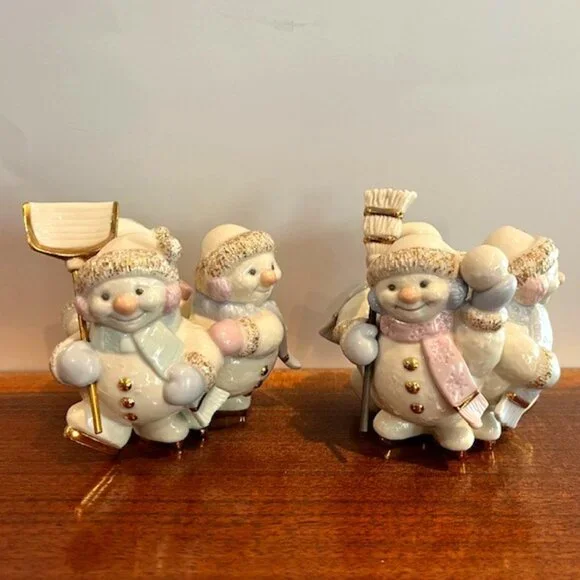 Pair of Lenox “Skating by Candlelight” 3 Snowmen Candle Holders