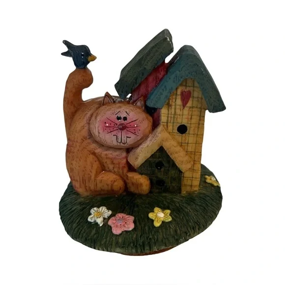 Vintage Orange Cat and Birdhouse Scene Candle Topper
