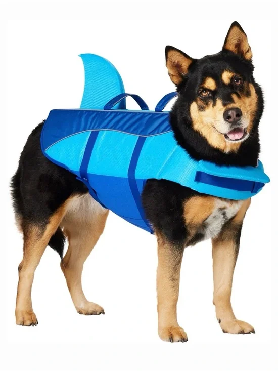 Blue Shark Dog Life Jacket with Handle - Safety Swim Vest