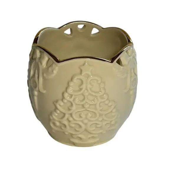 LENOX MERRY LIGHTS Votive Candle Holder Christmas Trees Porcelain Ivory Gold