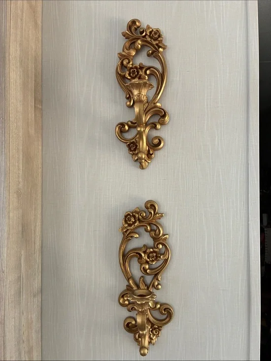 Vintage Homco Wall Candle Sconce Pair- Gold Finish Mid-Century Modern