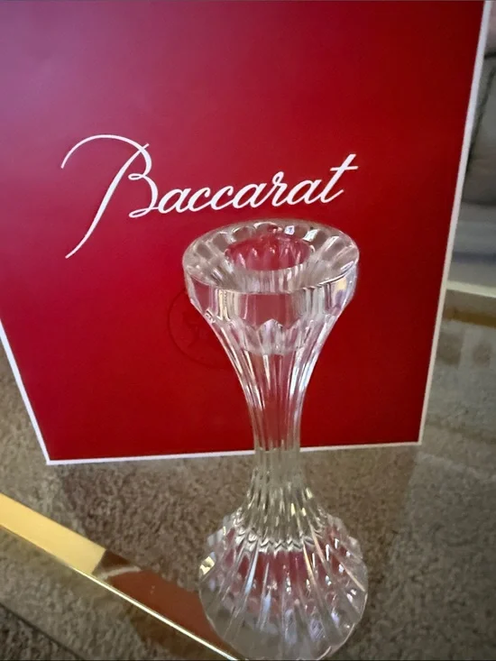 Baccarat Clear Crystal Taper Candle Holder with Red Backdrop