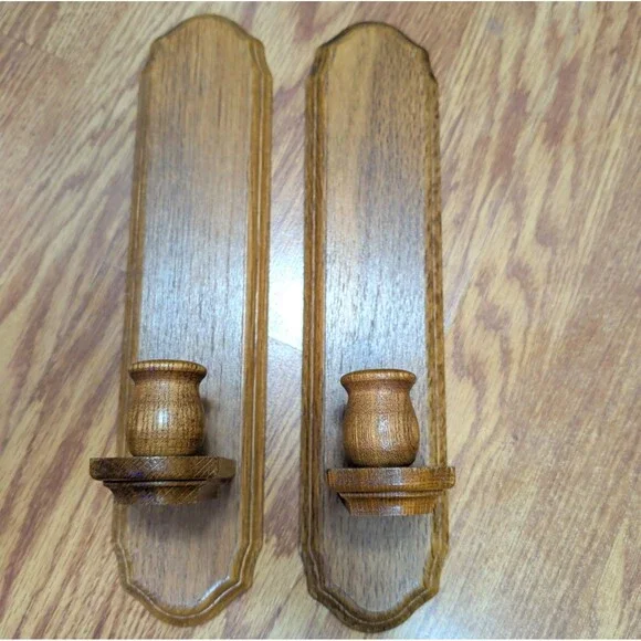 Vintage Wood Wall Sconce Candle Holders Pair 14”