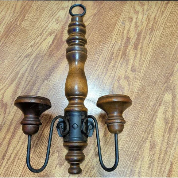 Vintage Brown Wood Black Metal Double Candle Wall Sconce Decor 17