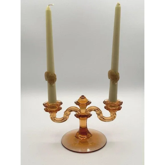 Vintage Amber Glass Double Candelabra MCM Pressed Two Arm Candle Holder