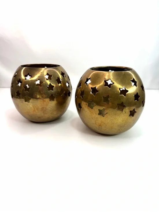 Vintage Brass Star Large Set of 2 Cutout Candle Holders