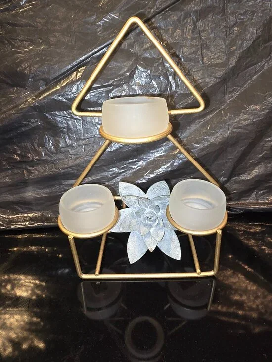 PartyLite Candle Holder Triangular Frame 3 Votive Frosted Glass Lotus Flower 9