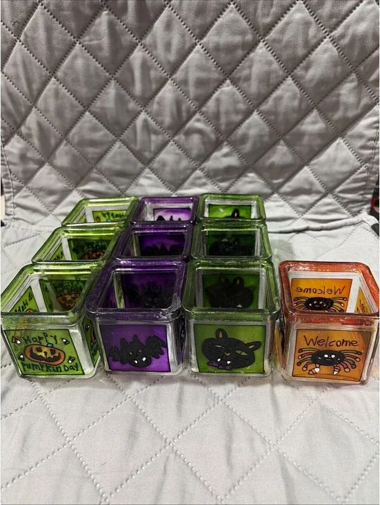10 Assorted Halloween Tea Candle Holders Pumpkin, Bat, Cat And Spider