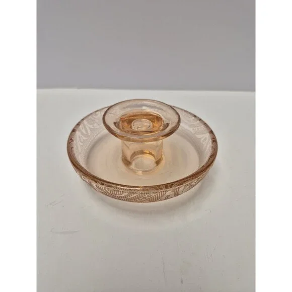 Vintage Depression etched Glass Pink Taper Candle Holder